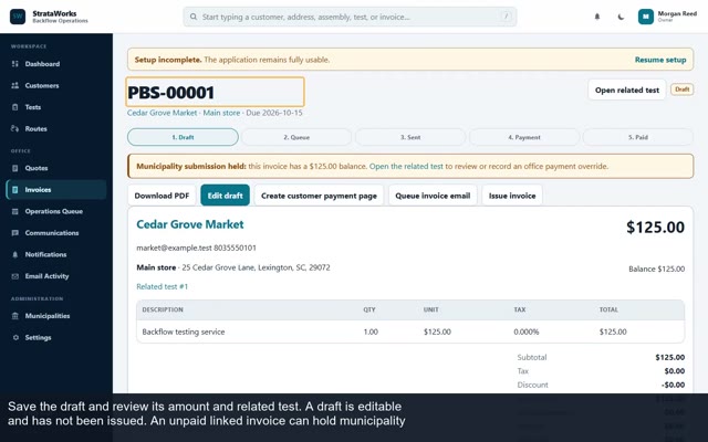 Fictional invoice screen showing a linked test, service line, amount due, and invoice actions.